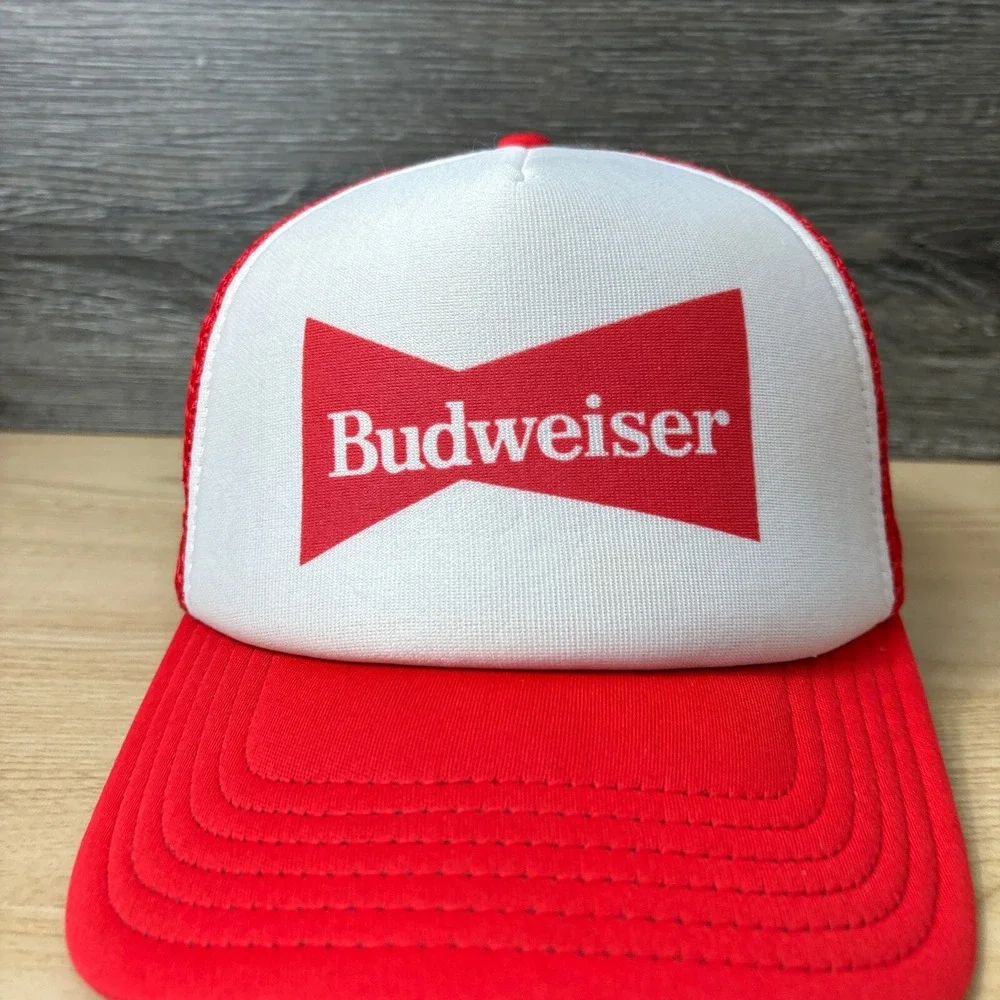 Budweiser Hat Cap Snapback‎ Red White Trucker Beer Brewing Adjustable